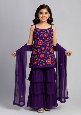 Girls Purple Floral Print Crepe Kurta Set