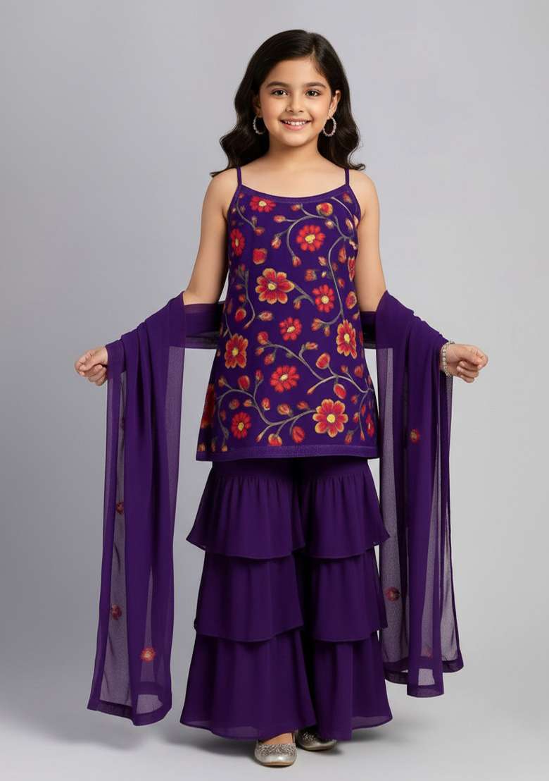 Girls Purple Floral Print Crepe Kurta Set - Indya