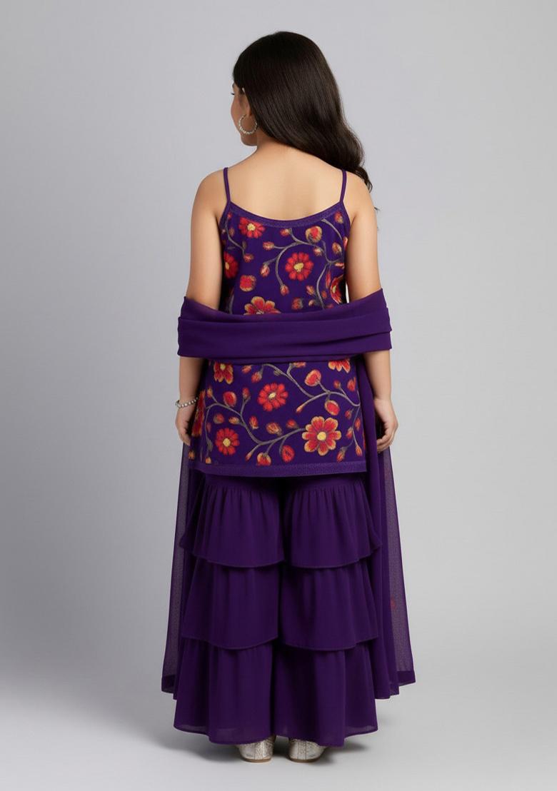 Girls Purple Floral Print Crepe Kurta Set - Indya