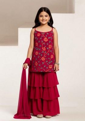 Girls Pink Floral Print Crepe Kurta Set