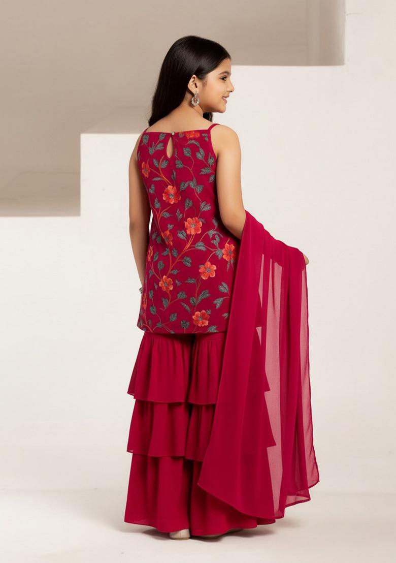 Girls Pink Floral Print Crepe Kurta Set - Indya