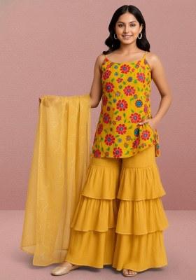 Girls Yellow Floral Print Crepe Kurta Set