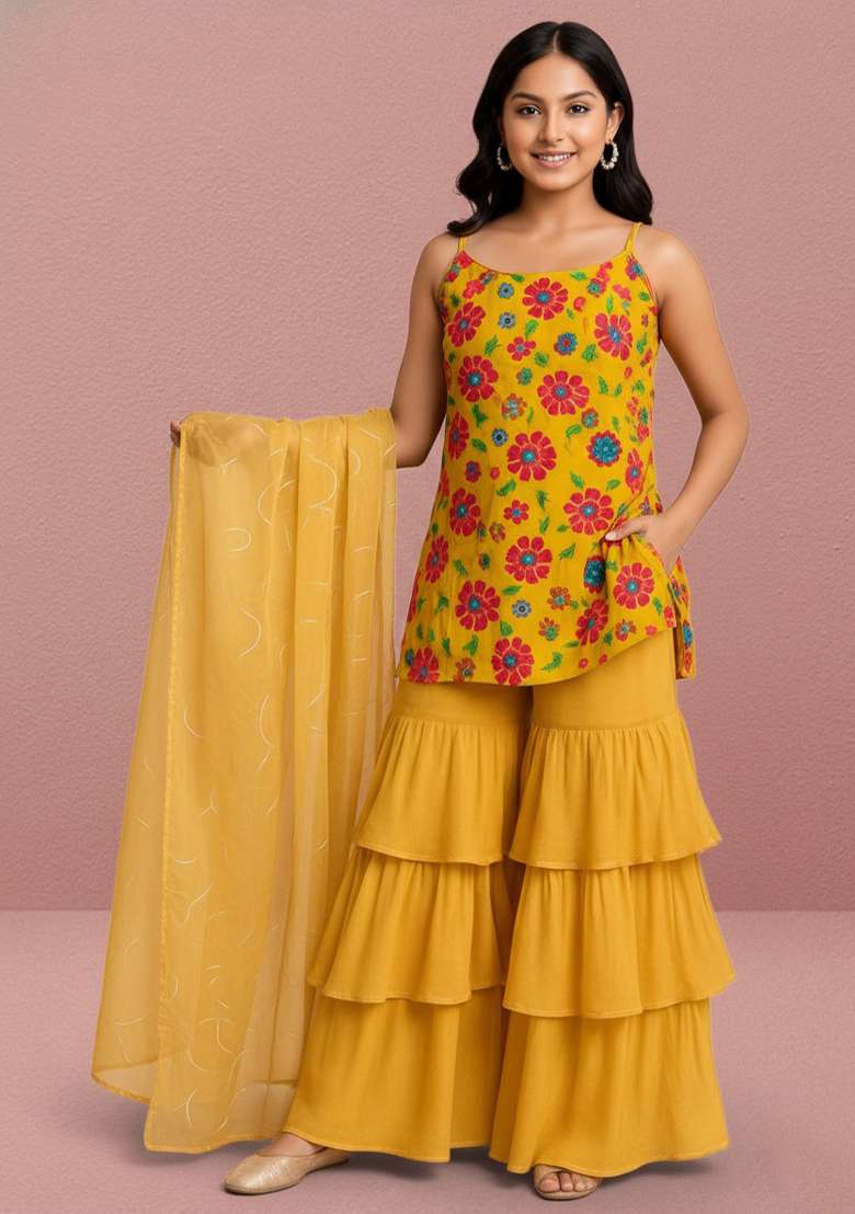 Girls Yellow Floral Print Crepe Kurta Set - Indya