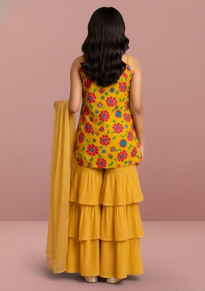 Girls Yellow Floral Print Crepe Kurta Set - Indya