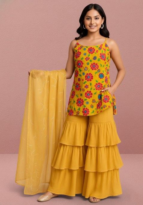 Girls Yellow Floral Print Crepe Kurta Set