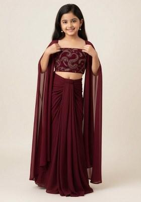 Girls Maroon Sequin Georgette Fusion Set