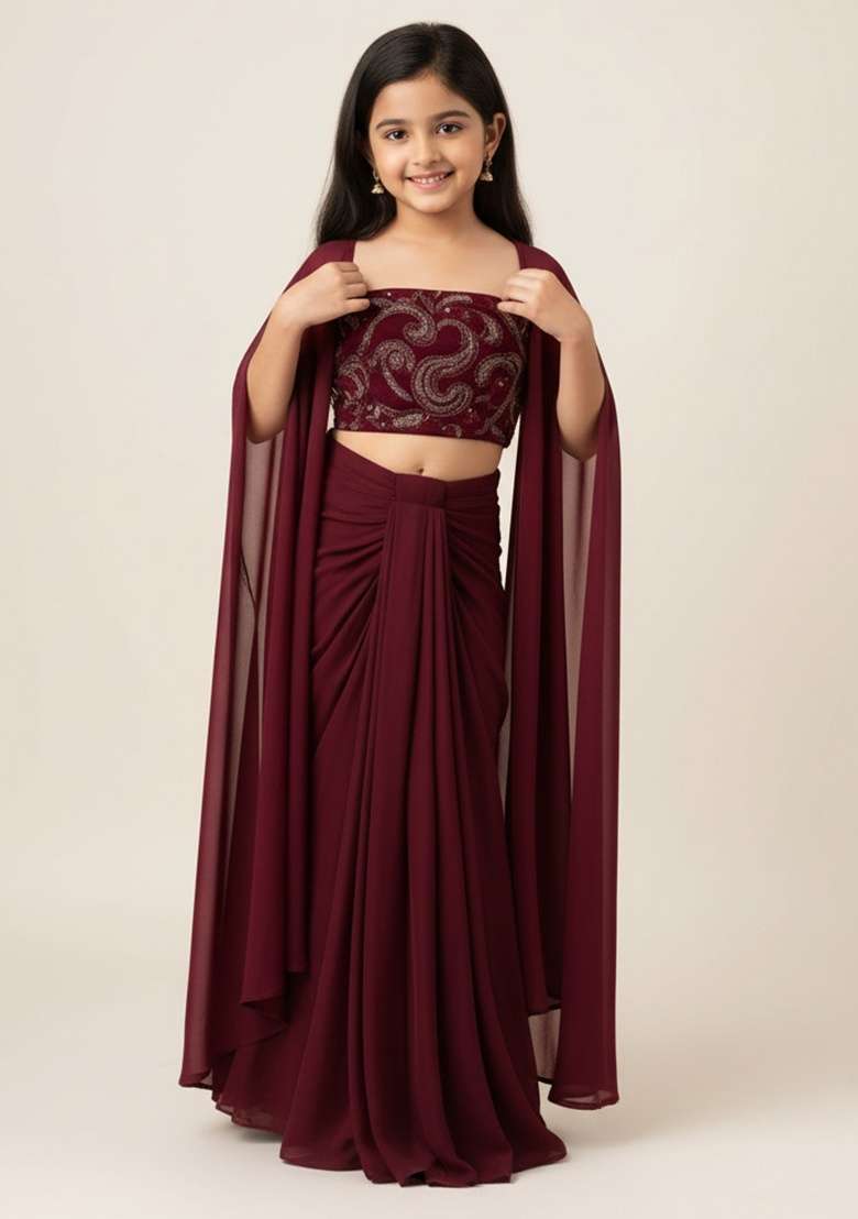 Girls Maroon Sequin Georgette Fusion Set - Indya