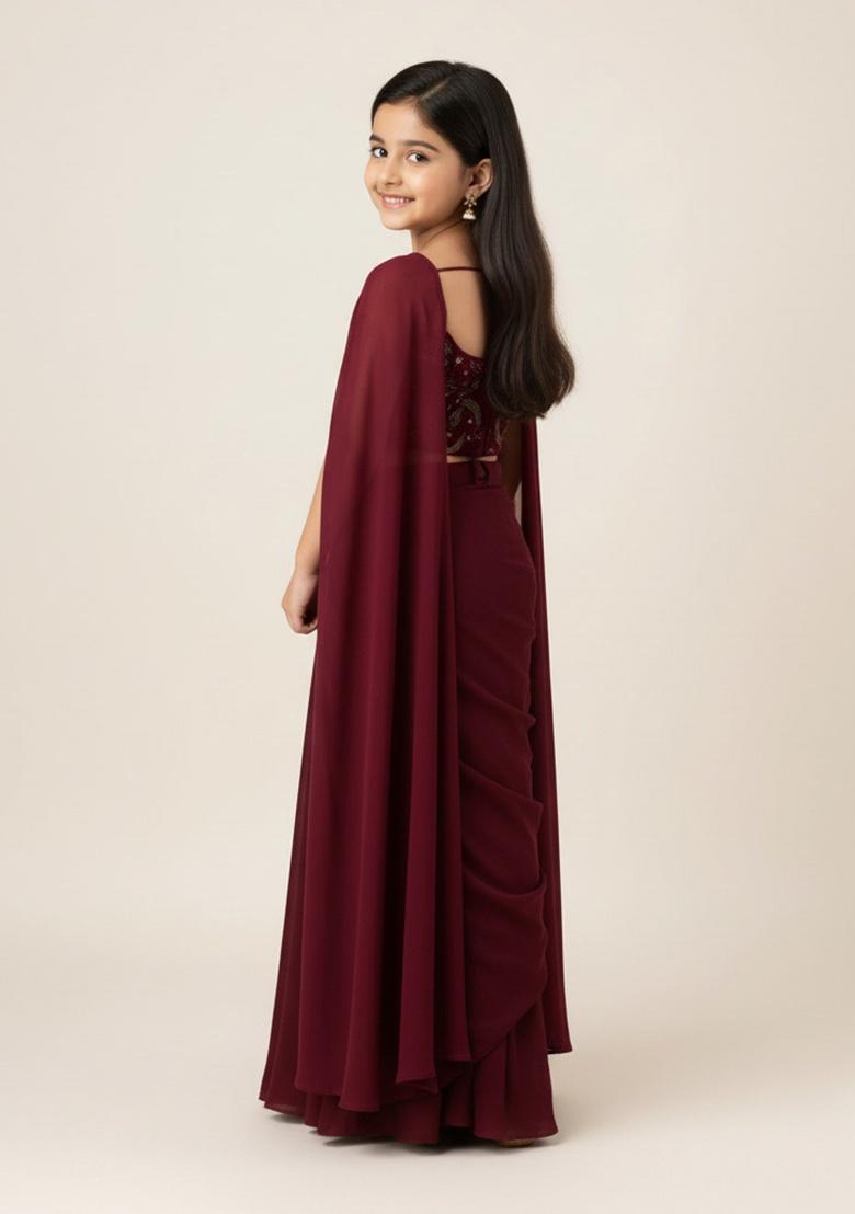 Girls Maroon Sequin Georgette Fusion Set - Indya