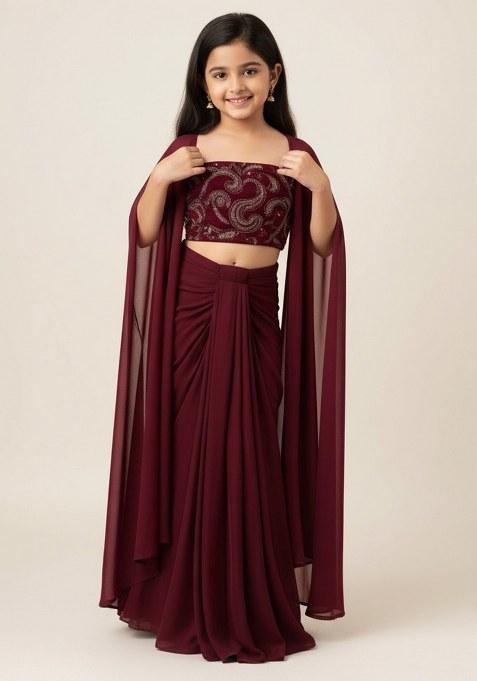 Girls Maroon Sequin Georgette Fusion Set