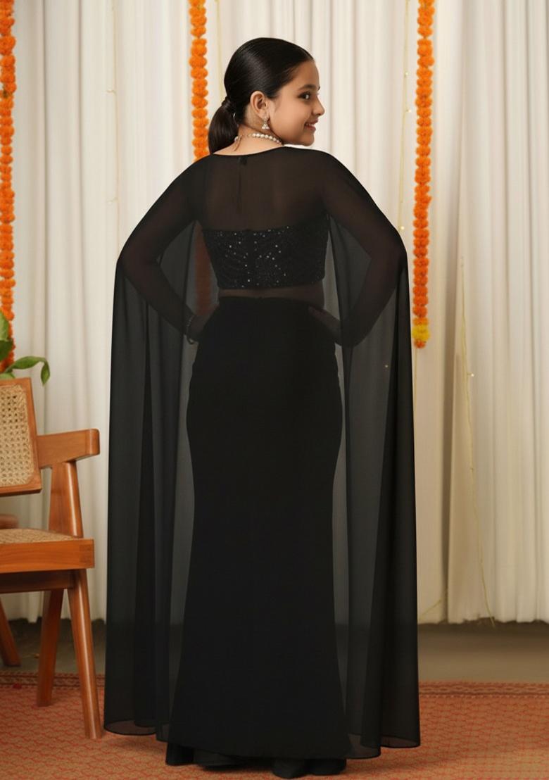 Girls Black Sequin Georgette Fusion Set - Indya