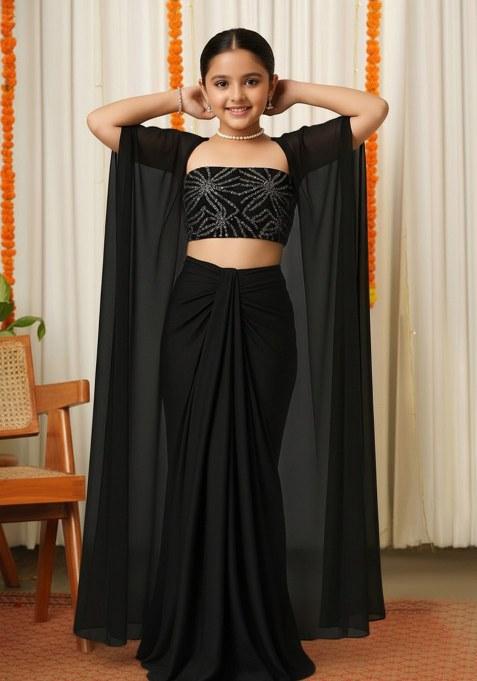 Girls Black Sequin Georgette Fusion Set