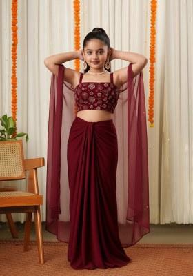 Girls Maroon Sequin Georgette Fusion Set