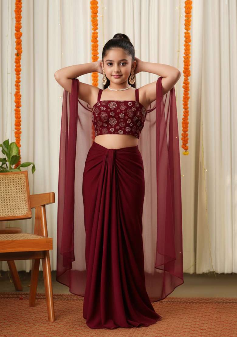 Girls Maroon Sequin Georgette Fusion Set - Indya