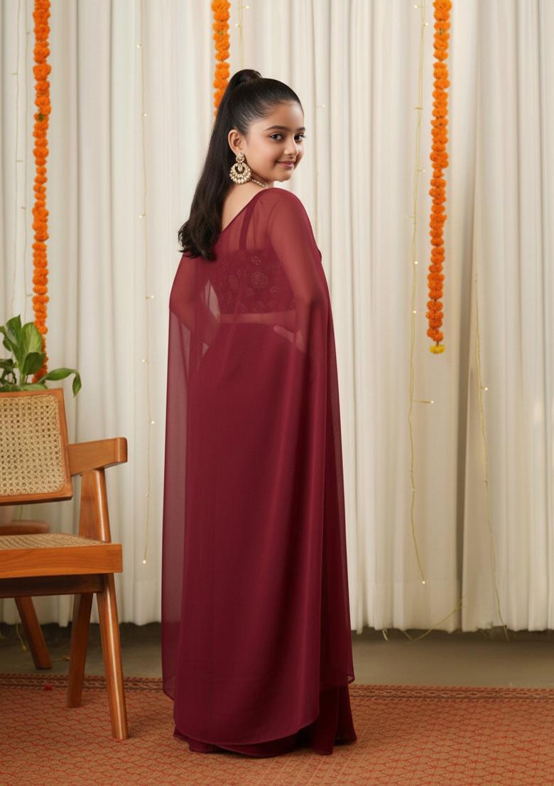 Girls Maroon Sequin Georgette Fusion Set - Indya