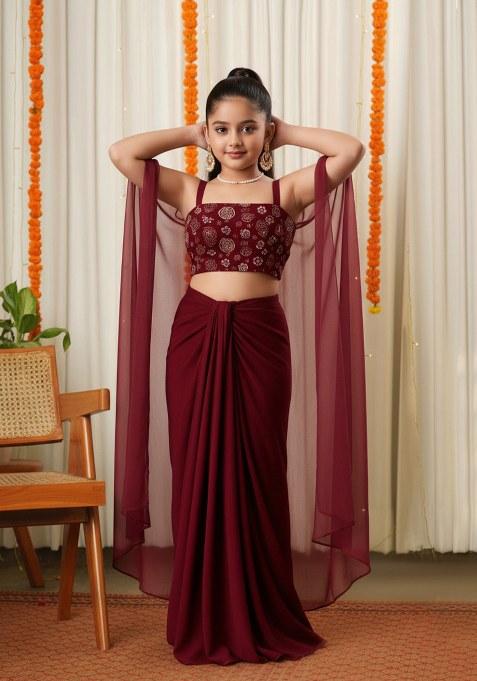 Girls Maroon Sequin Georgette Fusion Set
