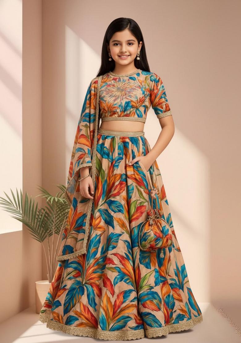 Girls Multicolor Floral Print Organza Lehenga Set