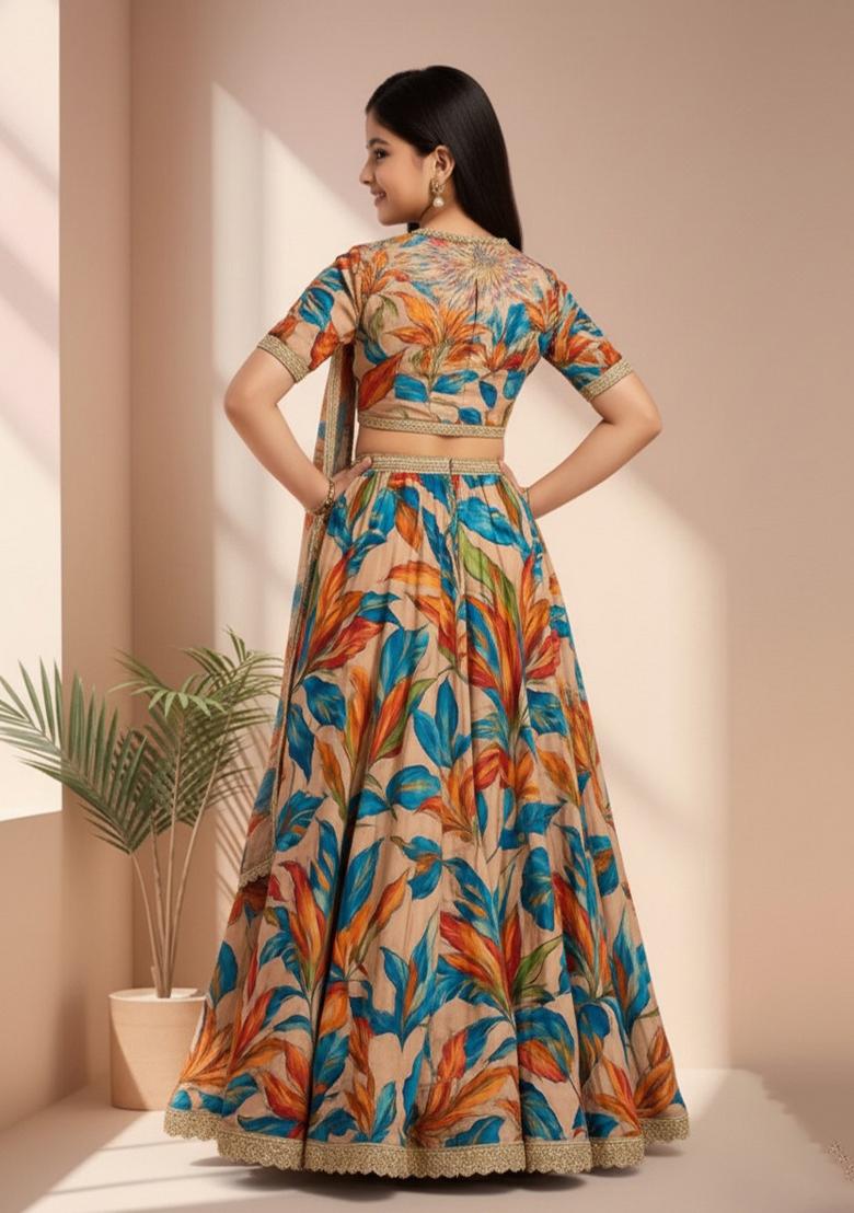 Girls Multicolor Floral Print Organza Lehenga Set - Indya