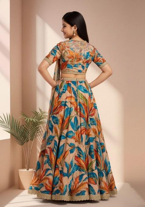 Girls Multicolor Floral Print Organza Lehenga Set