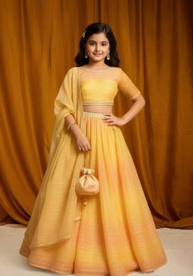 Girls Multicolor Textured Tissue Lehenga Set