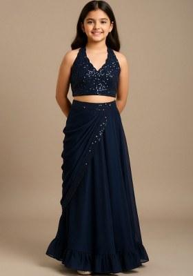 Girls Blue Sequin Silk Lehenga Set