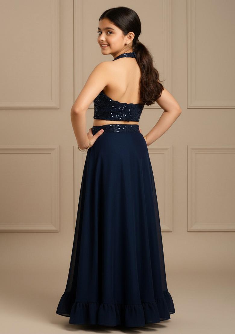Girls Blue Sequin Silk Lehenga Set - Indya