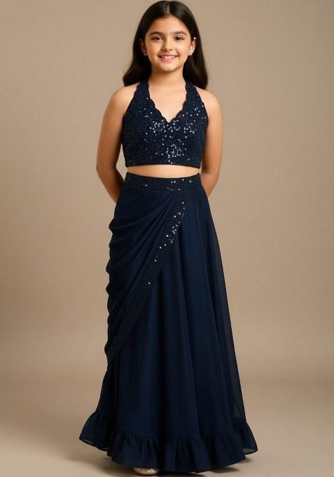 Girls Blue Sequin Silk Lehenga Set