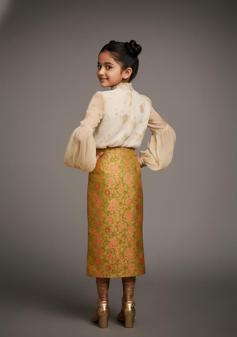 Girls Green Brocade Skirt - Indya