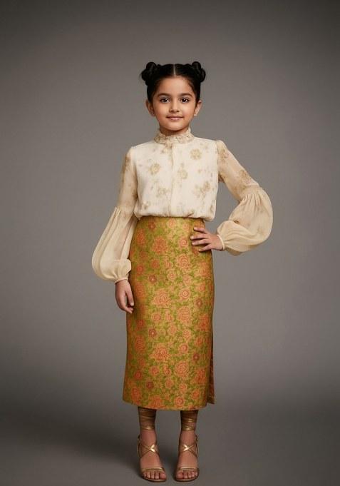 Girls Green Brocade Skirt