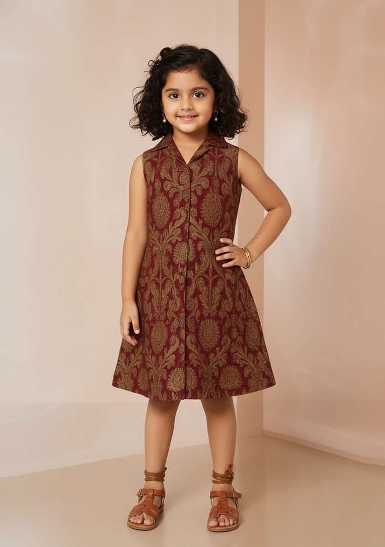 Girls Wine Brocade Dress - Indya