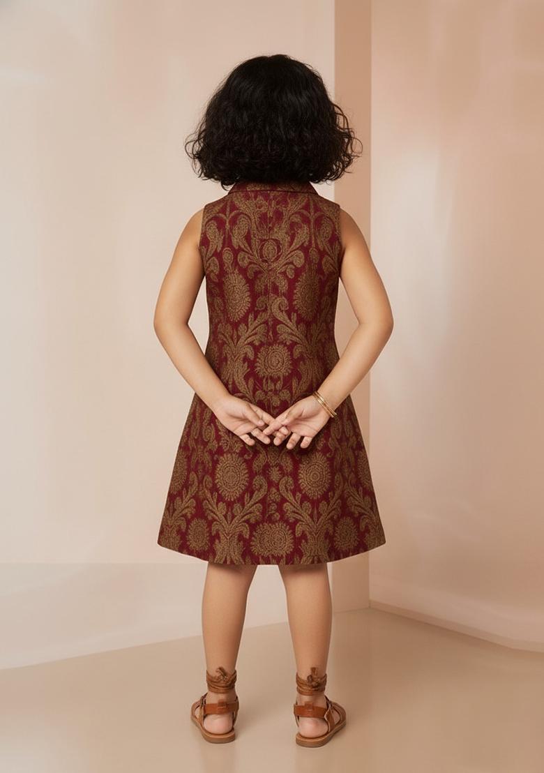 Girls Wine Brocade Dress - Indya