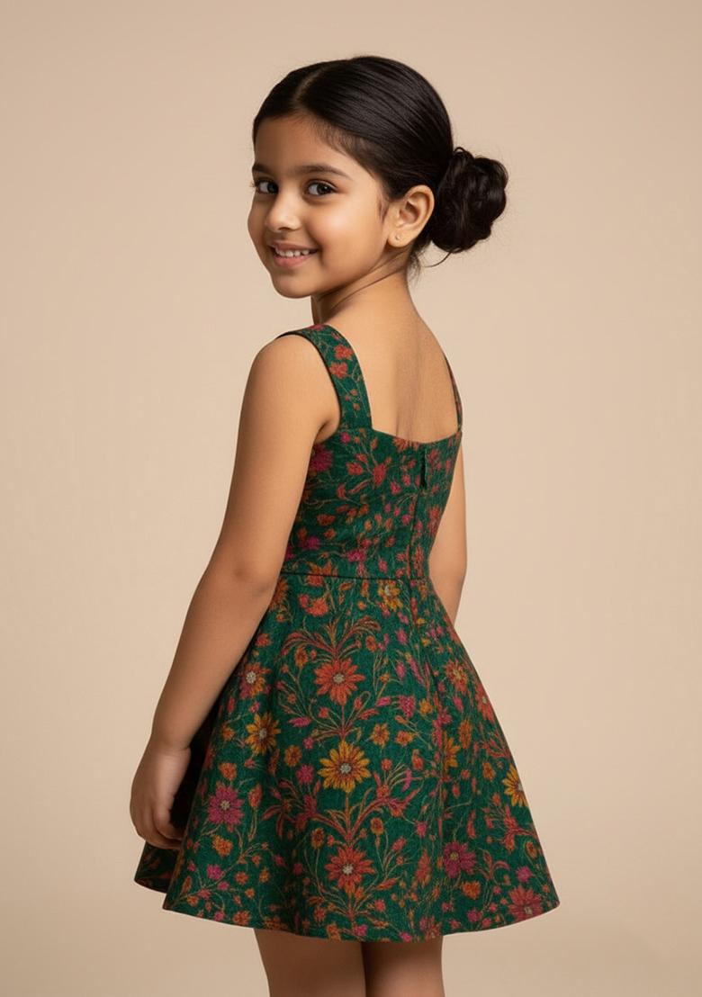 Girls Green Brocade Dress - Indya