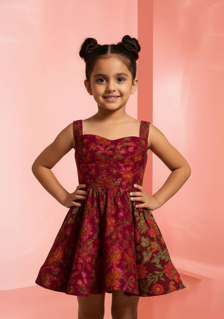Girls Wine Brocade Dress - Indya