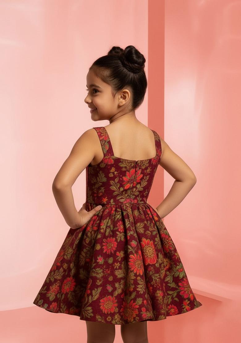 Girls Wine Brocade Dress - Indya