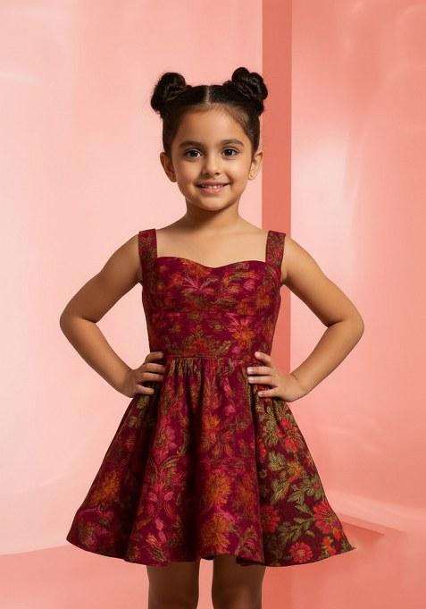 Girls Wine Brocade Dress