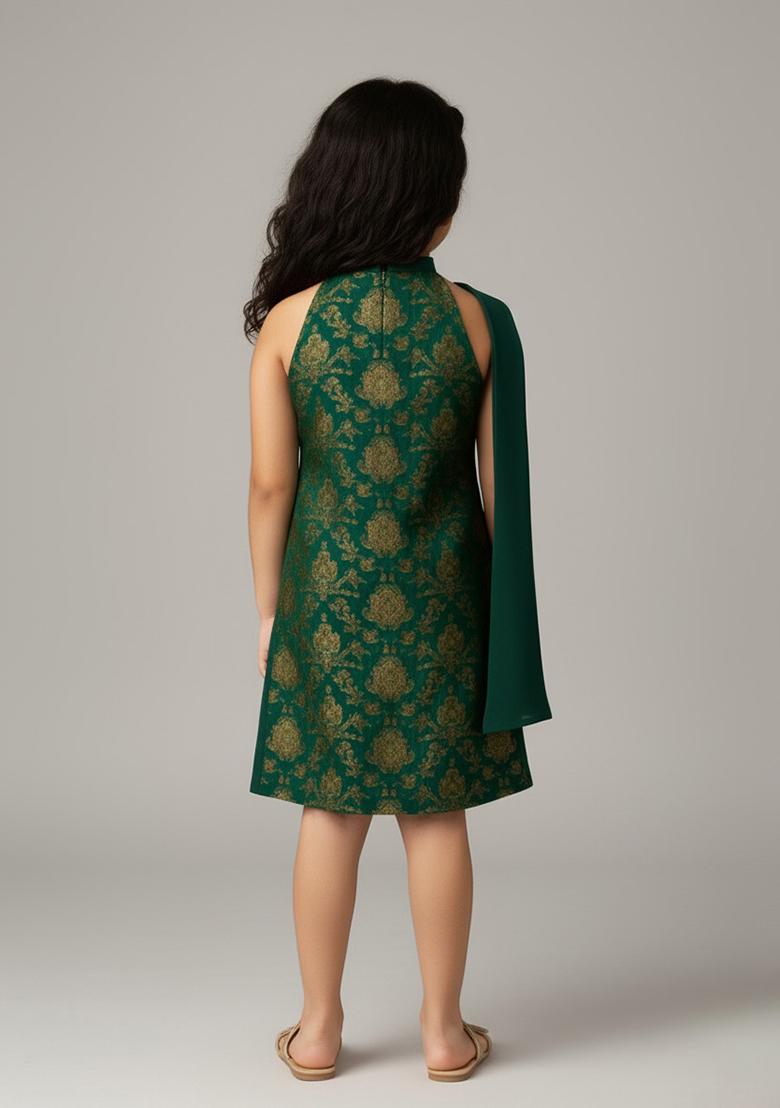Girls Green Brocade Dress - Indya