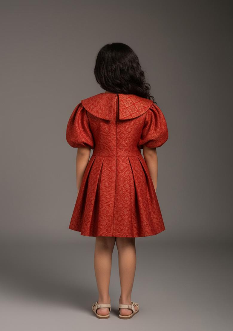 Girls Red Brocade Dress - Indya