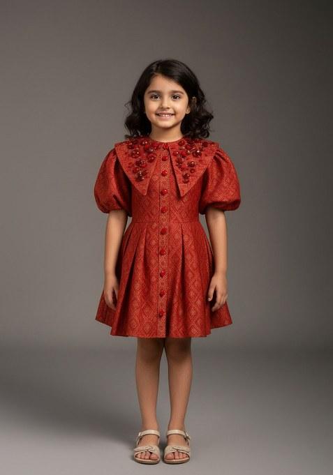 Girls Red Brocade Dress