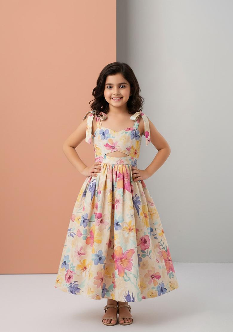 Girls White Cotton Floral Printed Dress