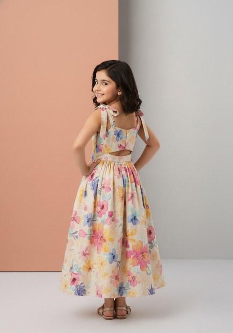 Girls White Cotton Floral Printed Dress