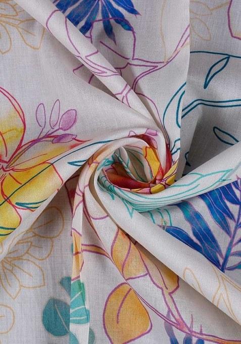 Girls White Cotton Floral Printed Dress