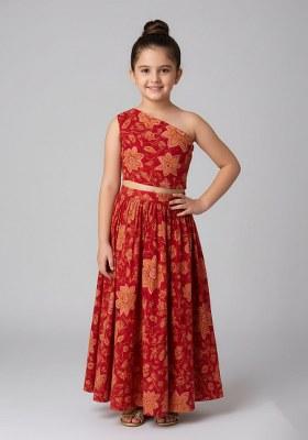 Girls Red Cotton Floral Printed Dress