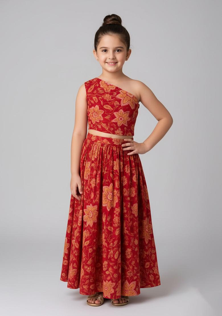 Girls Red Cotton Floral Printed Dress