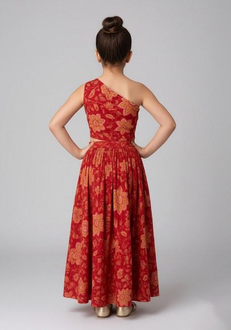 Girls Red Cotton Floral Printed Dress
