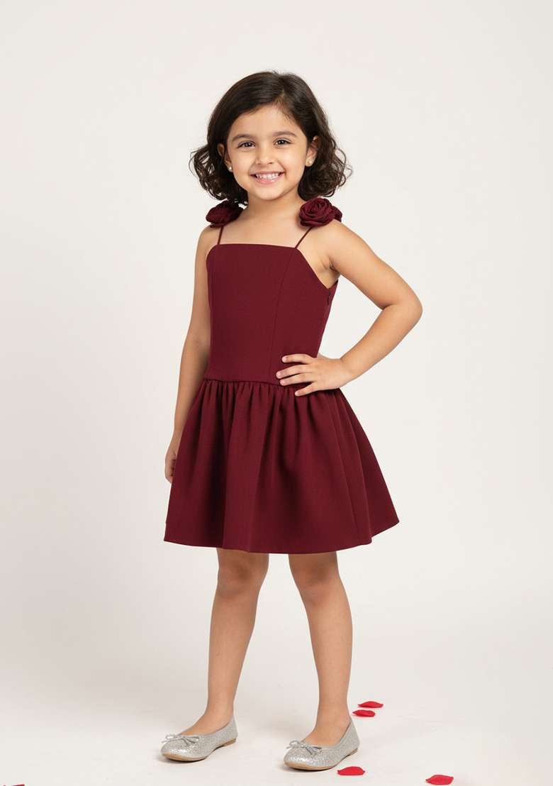 Girls Maroon Cotton Dress - Indya