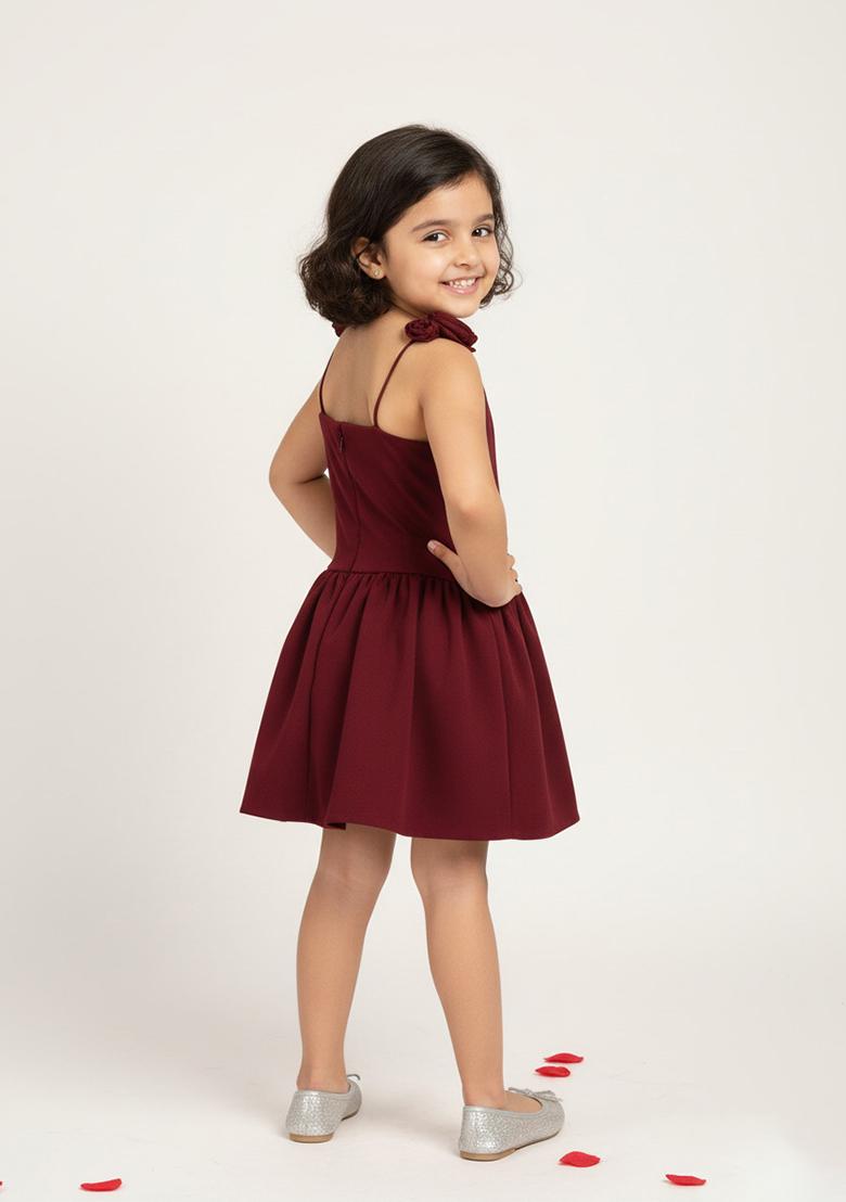 Girls Maroon Cotton Dress - Indya