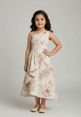 Girls White Cotton Floral Printed Dress