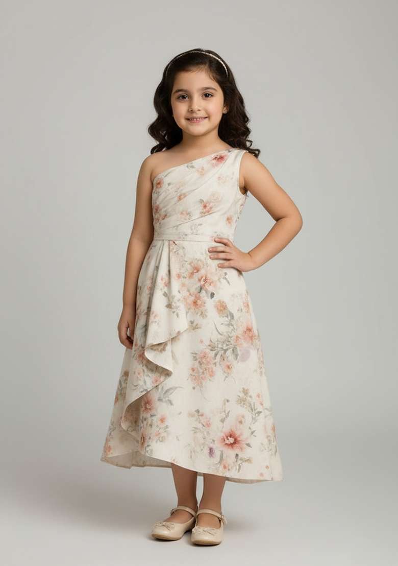 Girls White Cotton Floral Printed Dress - Indya