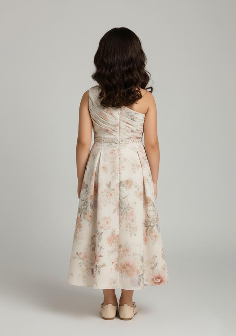 Girls White Cotton Floral Printed Dress - Indya