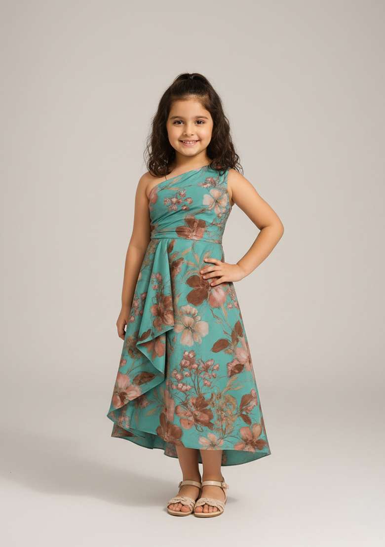 Girls Blue Cotton Floral Printed Dress - Indya