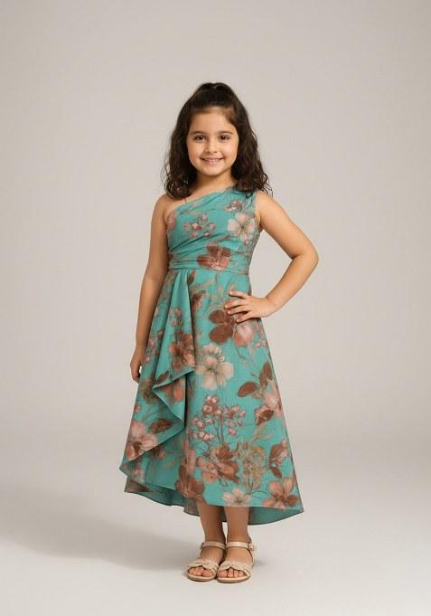 Girls Blue Cotton Floral Printed Dress